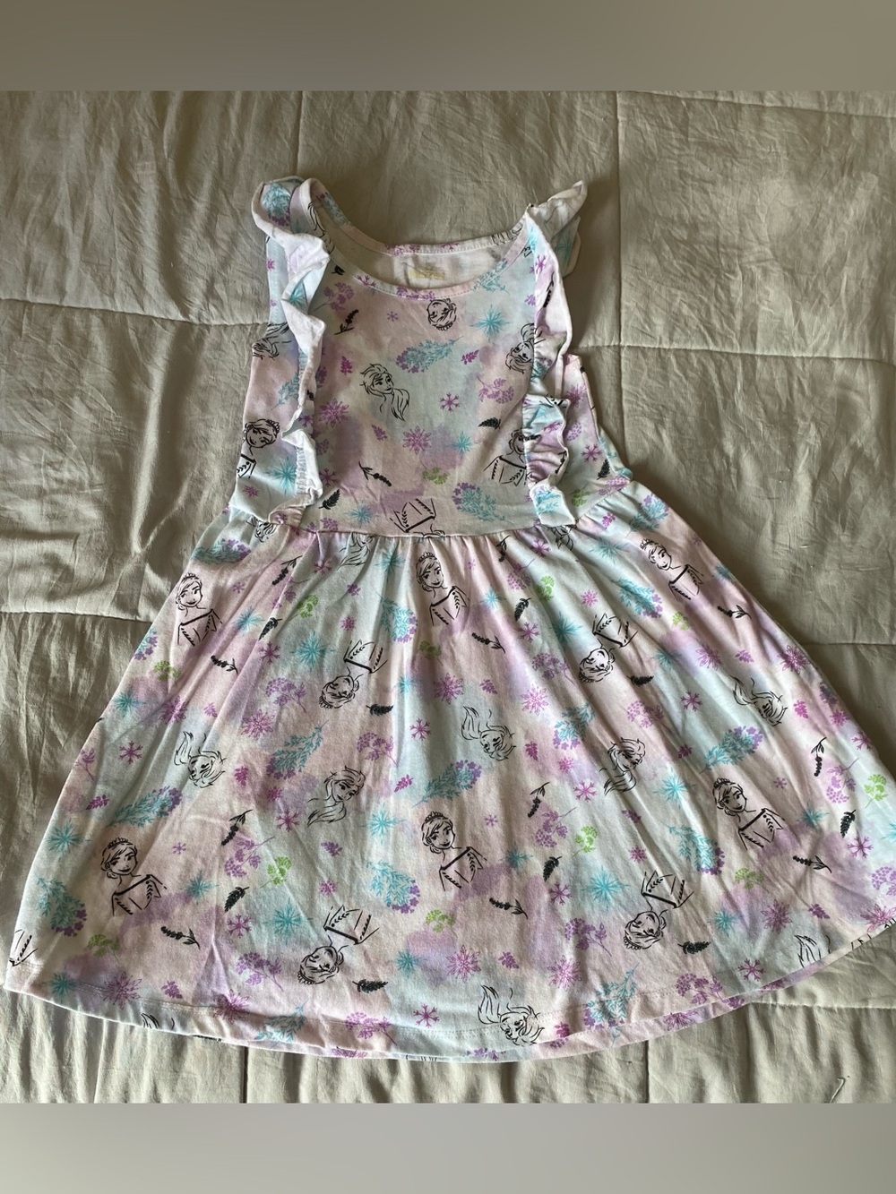 Girls Light Pink Ruffle-Sleeve Character Print Dress